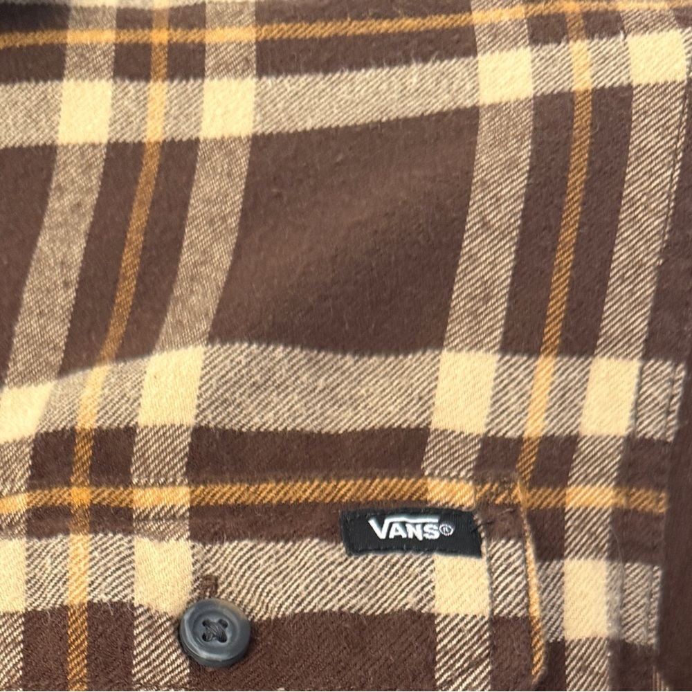 Vans Men’s Flannel Shirt (Small) | Brown Tan Plaid Long Sleeve Button-Up | 2022 - Picture 3 of 13